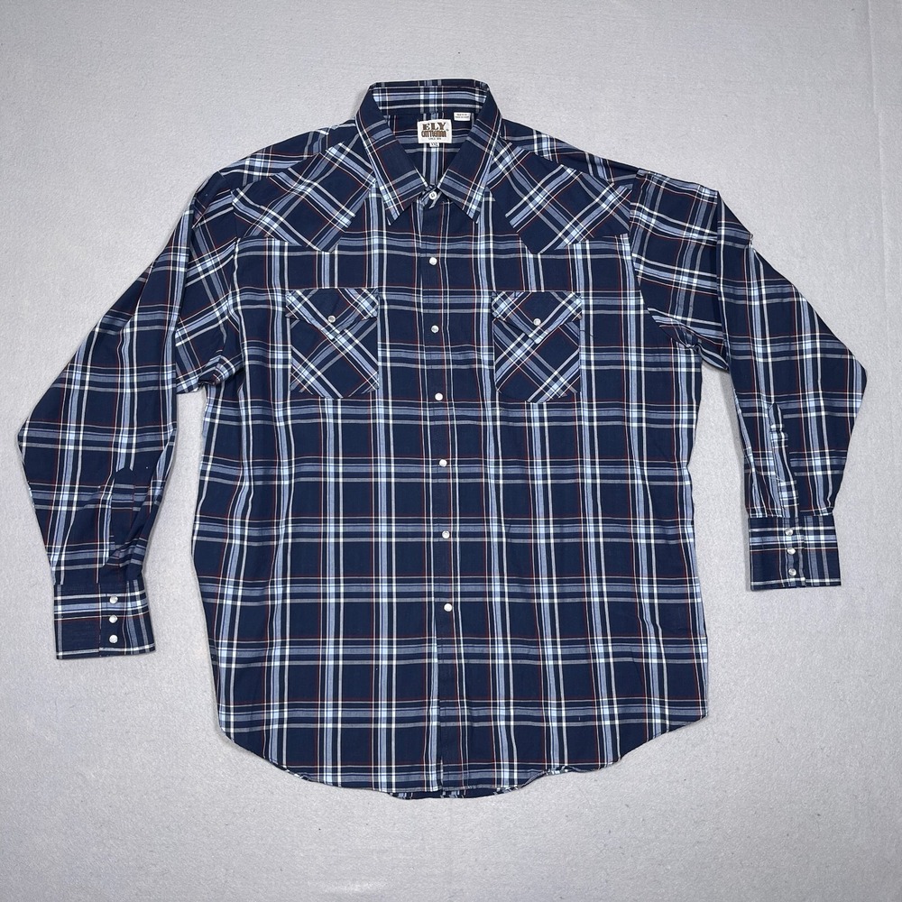 Ely Cattleman Western Pearl Snap Shirt Youth XXL Regular Navy Blue Plaid Western